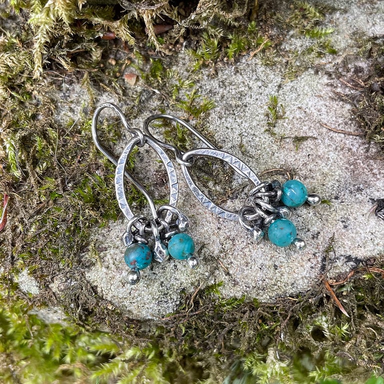 Oxidised sterling silver and teal chrysocolla small dangly earrings