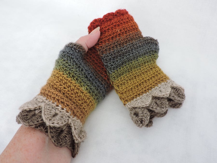 Sale now 7.00 Fingerless Mitts with Dragon Scale Cuffs  Autumn Colours