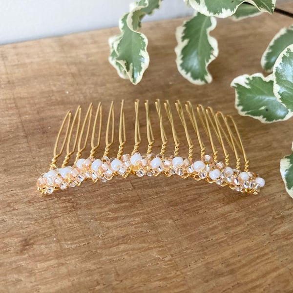 Beaded Hair Comb, gold-plated with pearl, crystal & peach