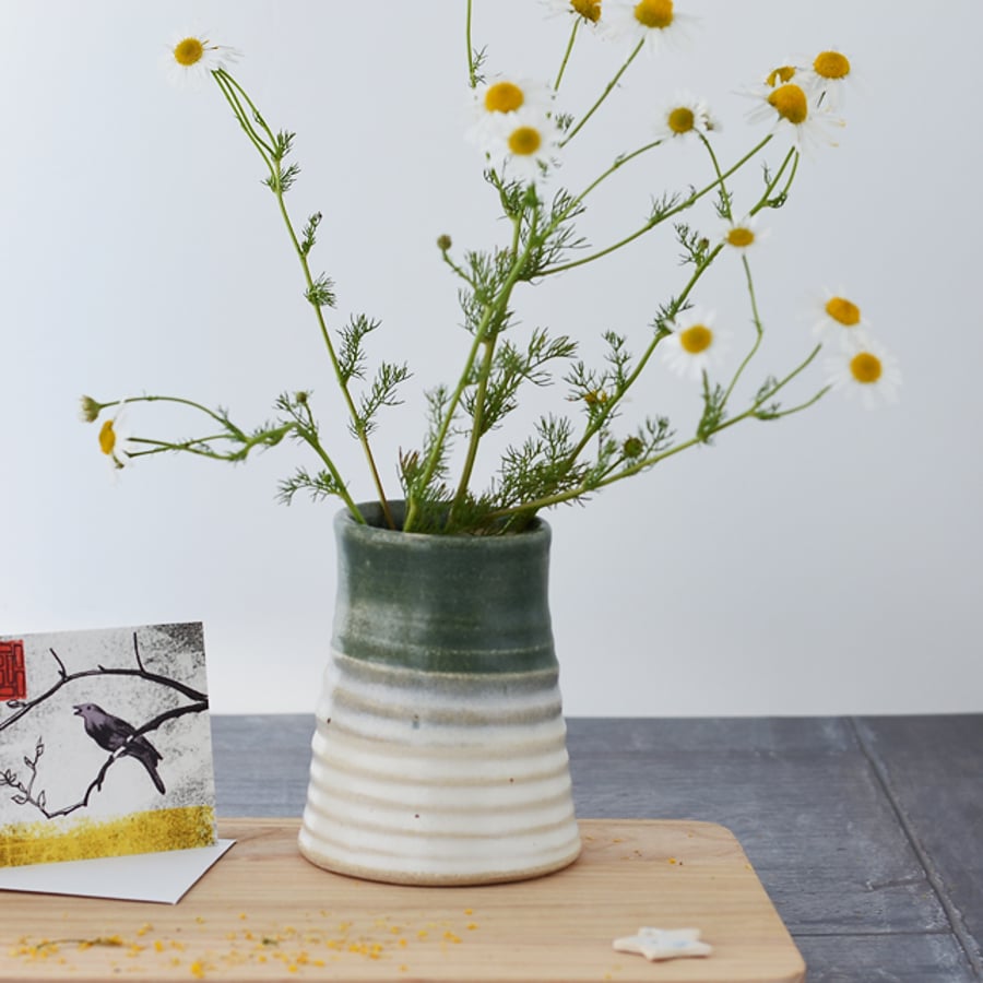 Ceramic vase in green and cream - handmade stoneware pottery