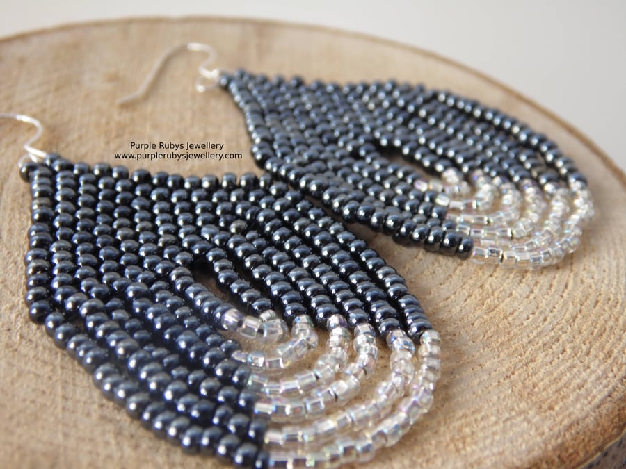 Gun Metal Lustre & Silver Beaded Teardrop Earrings E556