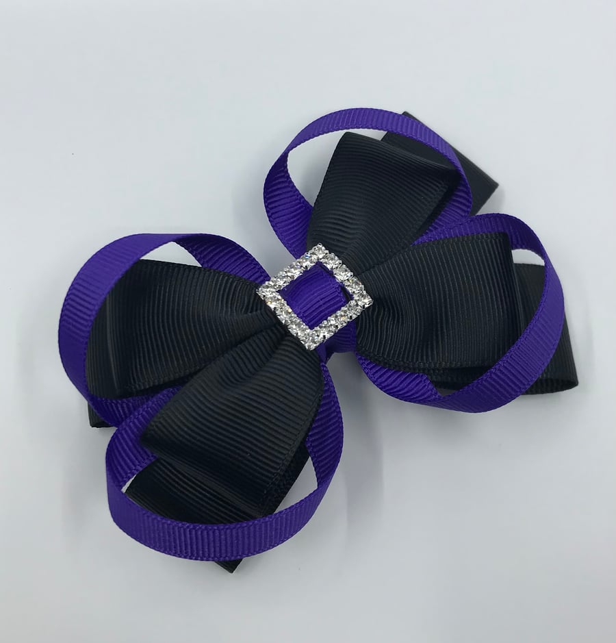 Black Double Layer Bow with Purple Loops on Clip