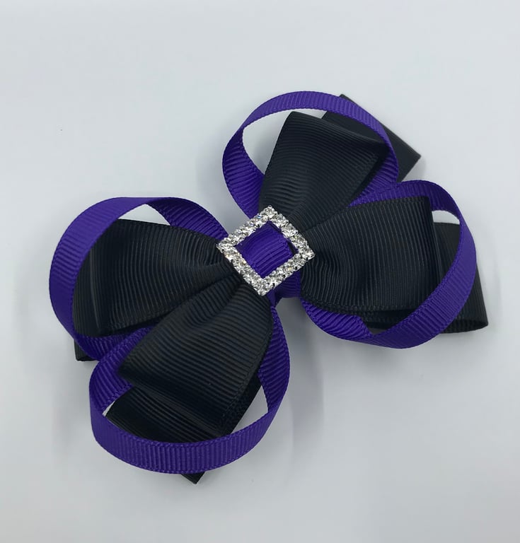 Black Double Layer Bow with Purple Loops on Clip