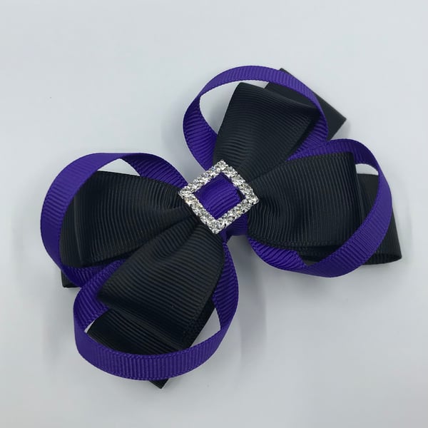 Black Double Layer Bow with Purple Loops on Clip
