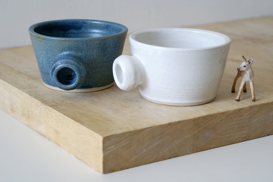 Set of two wide stoneware soup mugs - glazed in brilliant white and smokey blue