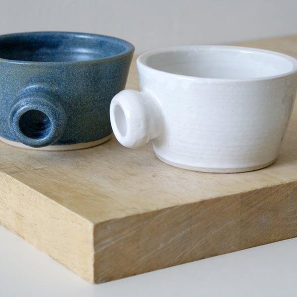 Set of two wide stoneware soup mugs - glazed in brilliant white and smokey blue