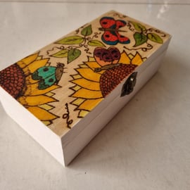 Wooden box hand painted felt lined trinket box butterflies and sunflowers