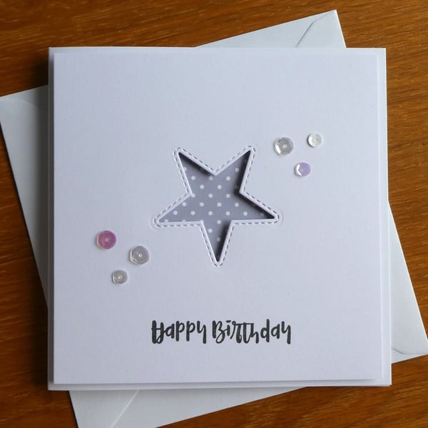 Grey and White Polka Dot Star Aperture Birthday Card