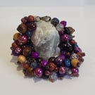 Beaded chain bracelet -rich purple blue & metallic beads on antique colour chain