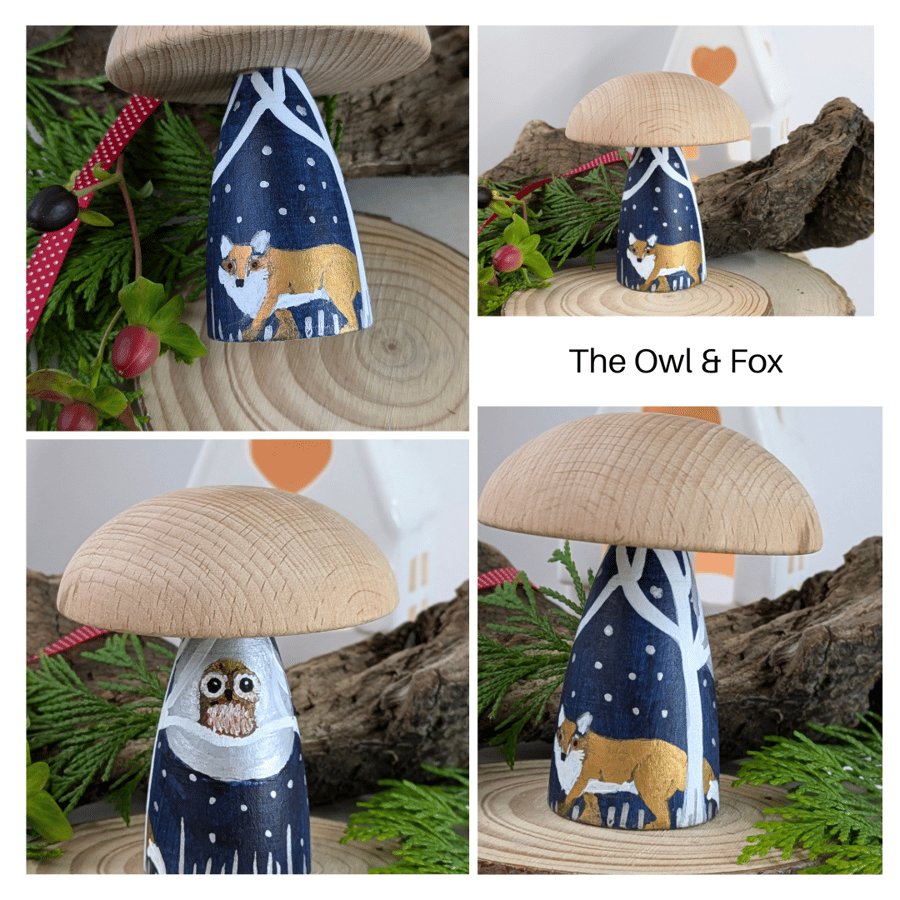 Christmas winter decoration Hand painted wooden toadstool mushroom