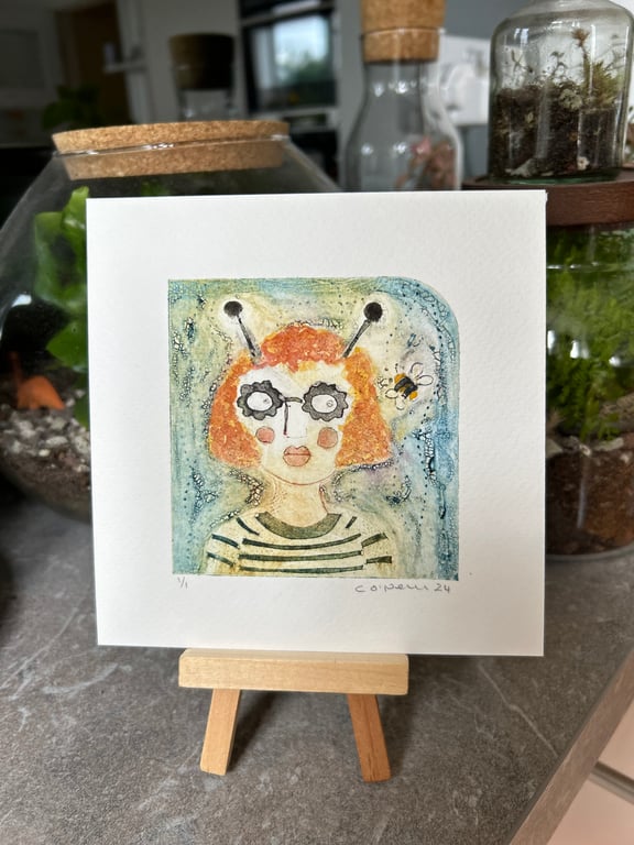 Orange Buzzy Bee - Collagraph Print