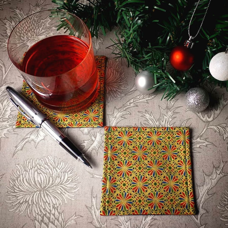 Square Coaster Set - Petals on Gold Christmas Design