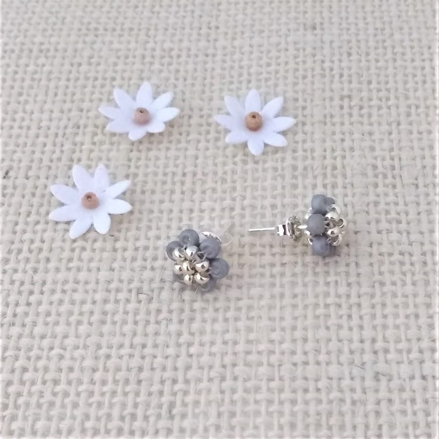 Grey and Silver Flower Beaded Stud Sterling Silver Earrings