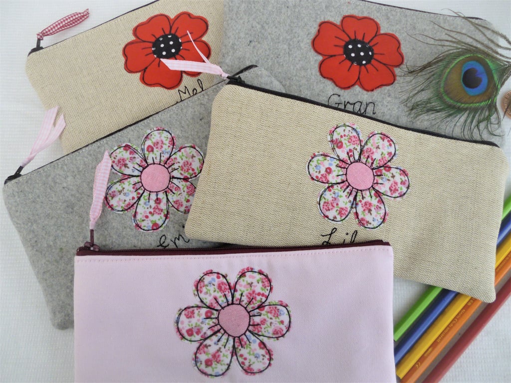 Personalised Cosmetic Bag with Flower Poppy Applique - Makeup or Brush Holder