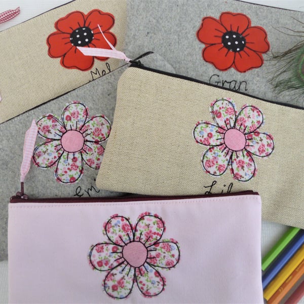 Personalised Cosmetic Bag with Flower Poppy Applique - Makeup or Brush Holder