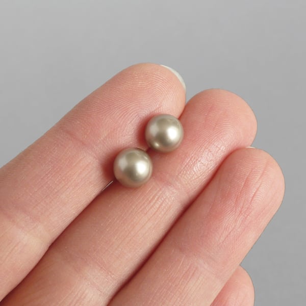 8mm Champagne Pearl Stud Earrings - Simple Round Coffee Studs - Taupe Gifts