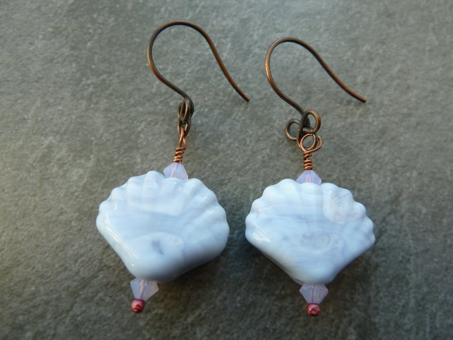 Copper and lampwork glass shell earrings