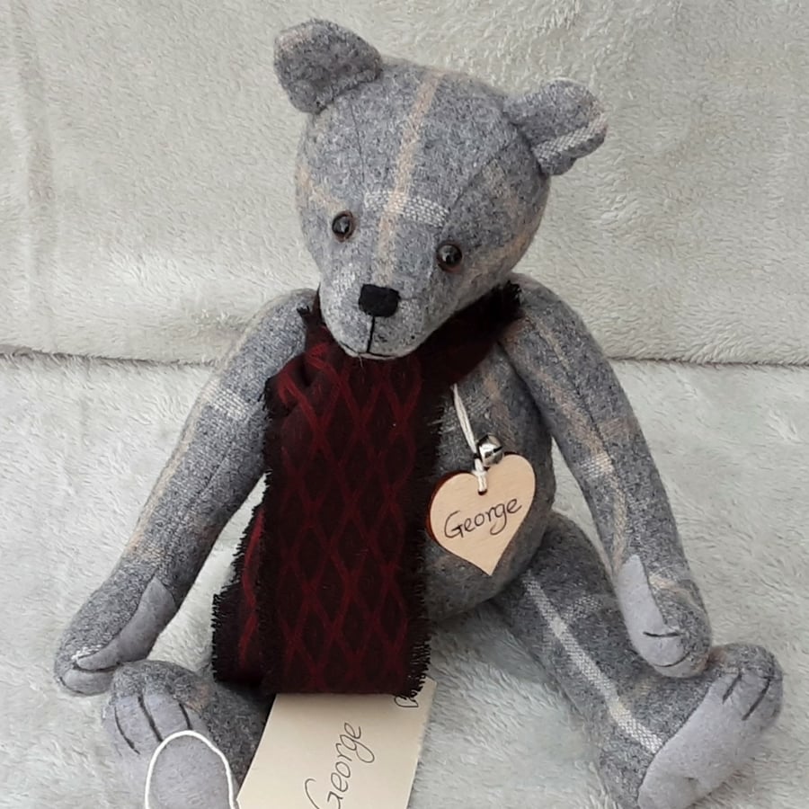 Fabric Bear, Wool Tweed Teddy Bear, One of a Kind Collectable Artist Bear