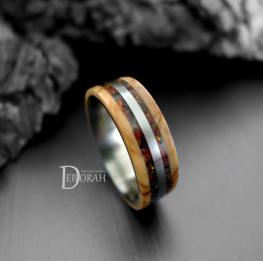 Olive Wood Titanium & Opal Ring. Choice of Opal Colours