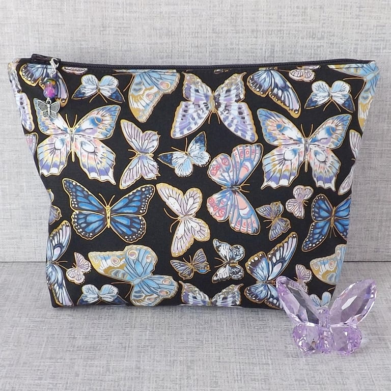 Large zipped pouch, project bag, cosmetic bag, butterflies