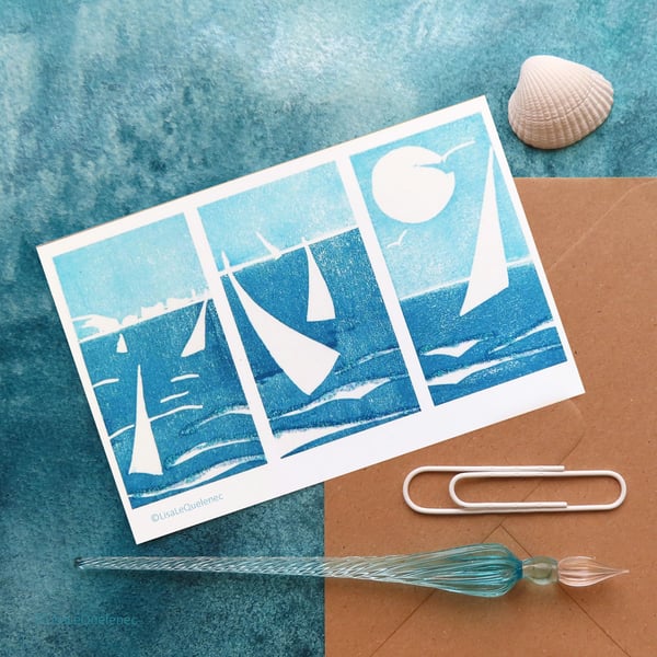 Cello free summer fun seaside art card notelet from an original lino print