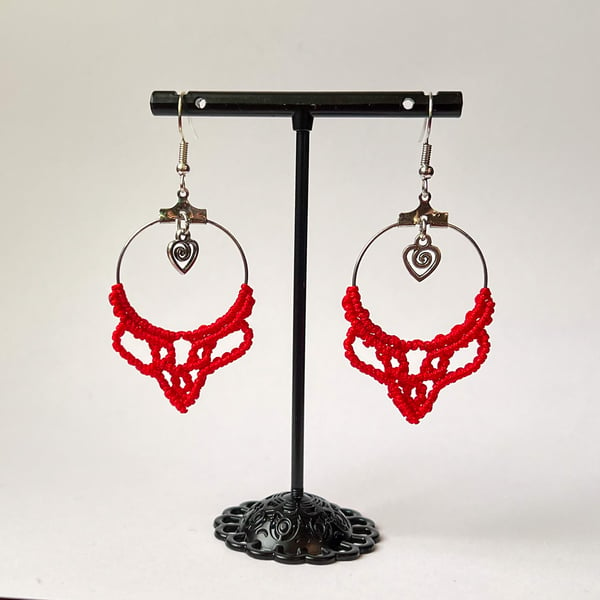 Macrame Hoop Earrings - Red heart FREE UK P&P