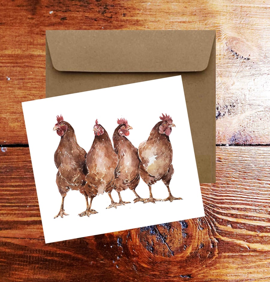 Chickens in Art GreetingNote Card.Chickenscard,Chickens greeting card,Hens greet
