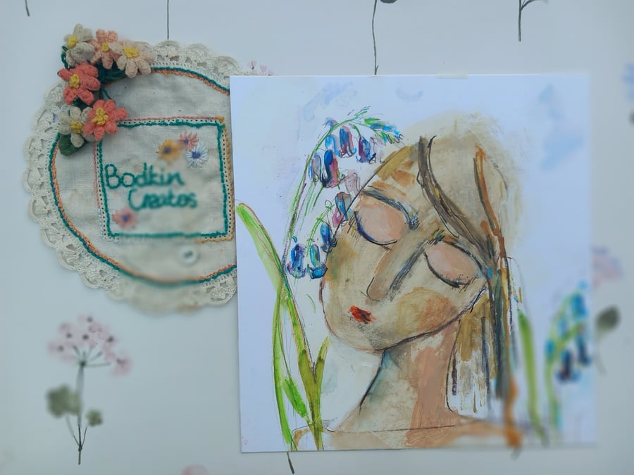 'Bluebell' semi abstract portrait of a girl. In inks and mixed media