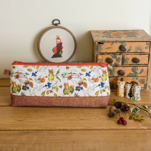 Woodland themed zip top pouch with cute print and metallic contrast