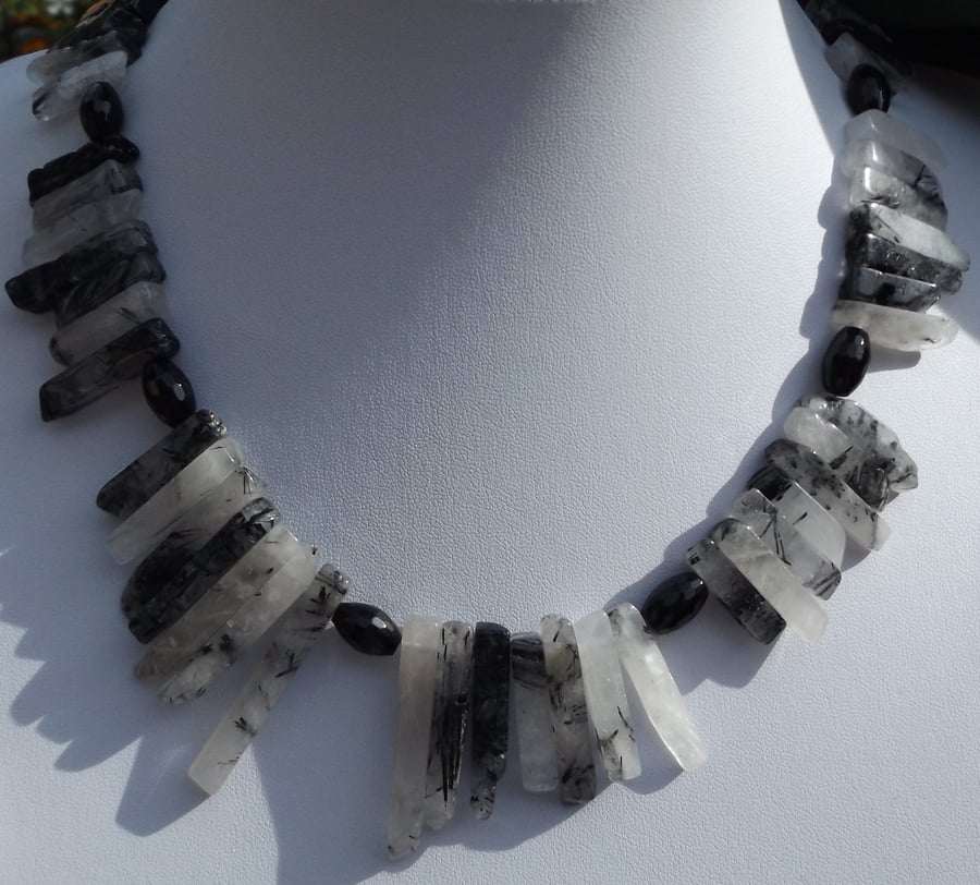 19" Black rutile quartz necklace with black agate  