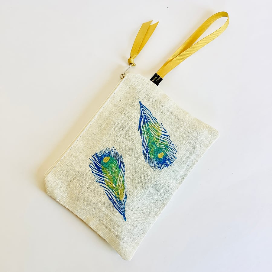 Peacock Feather Print Linen Zip-Up Pouch; Makeup Bag; Hand printed Purse 