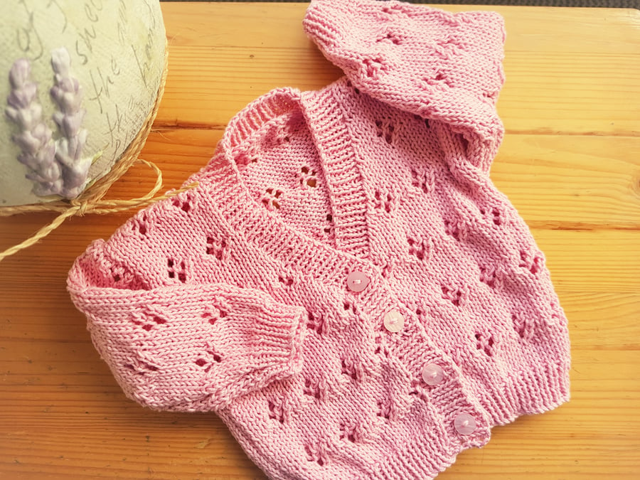 Pink Cotton Hand Knitted Cardigan 18"