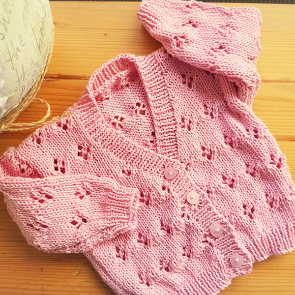 Pink Cotton Hand Knitted Cardigan 18"