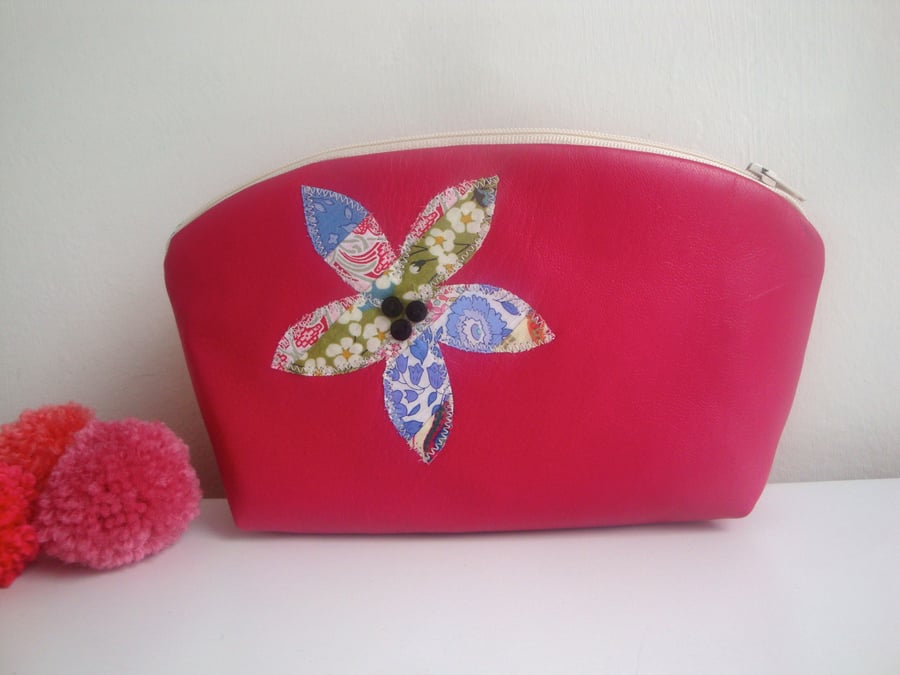 SALE Raspberry pink Leather zipper Jewellery bag - appliqued flower 