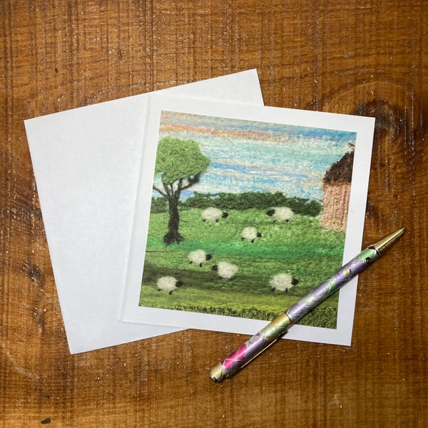 Card, blank, print of original textile art, sheep grazing (1)