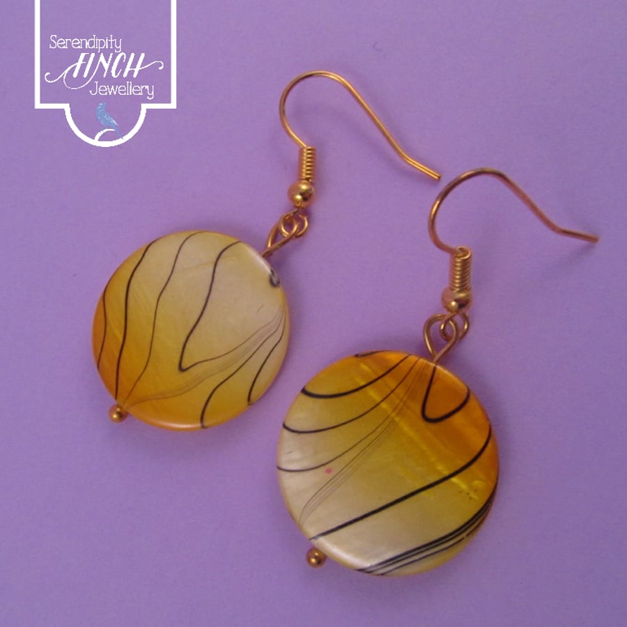 Yellow Striped Shell Gold Earrings