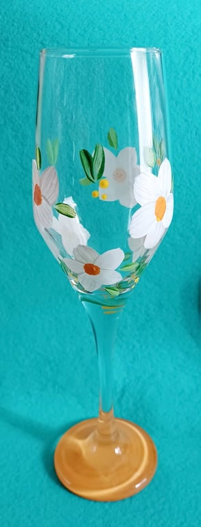 Hand Painted White Flowers Champagne Prosecco Wine Glass