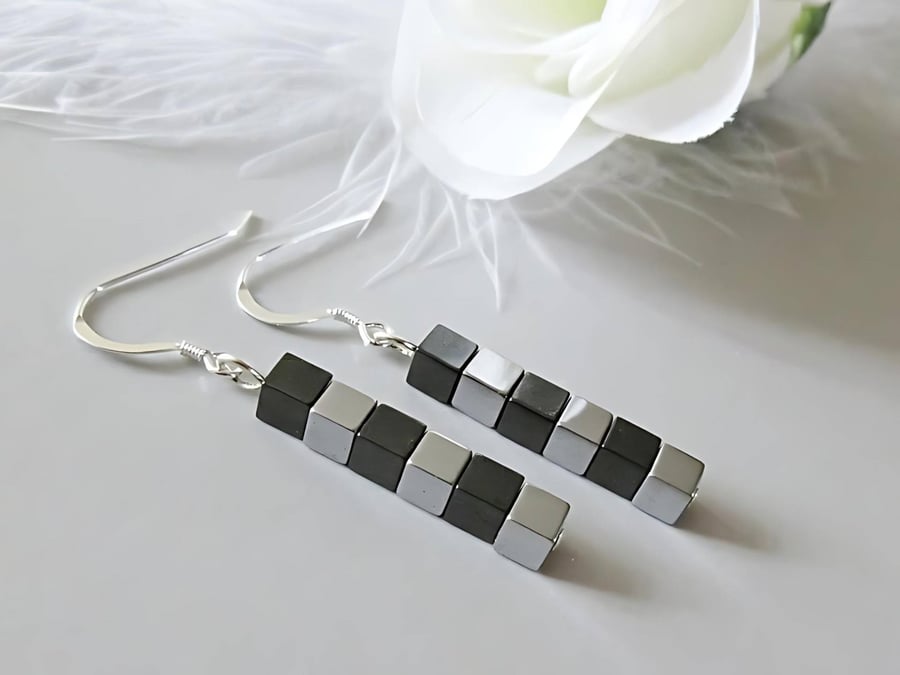 Gunmetal & Silver Hematite Cube Beads Earrings Gift With Sterling Silver