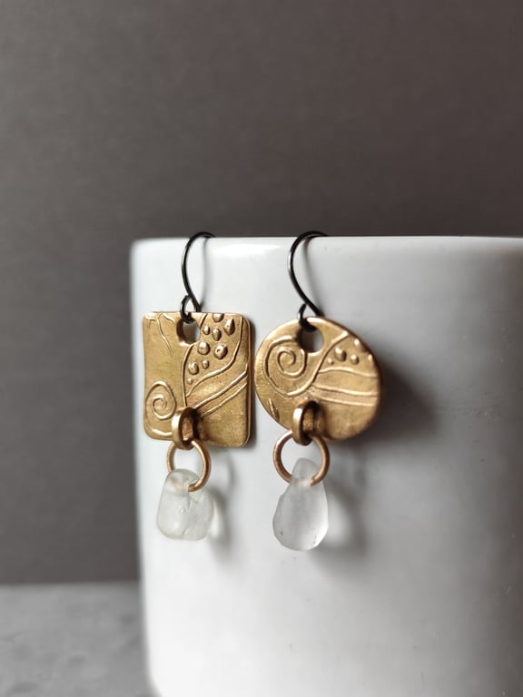 Mis-match Bronze and seaglass drop earrings, recycled material