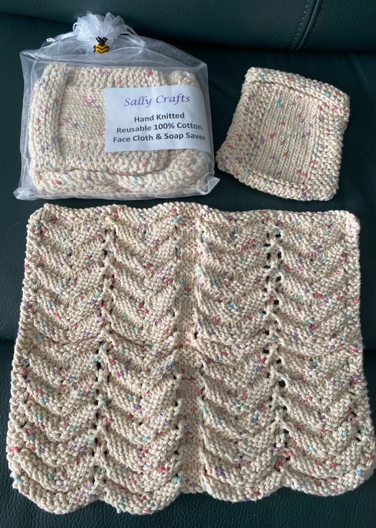 Hand Knitted Reusable 100% Cotton Face Cloth & Soap Saver