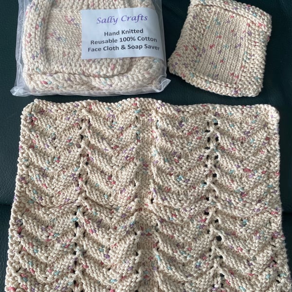 Hand Knitted Reusable 100% Cotton Face Cloth & Soap Saver