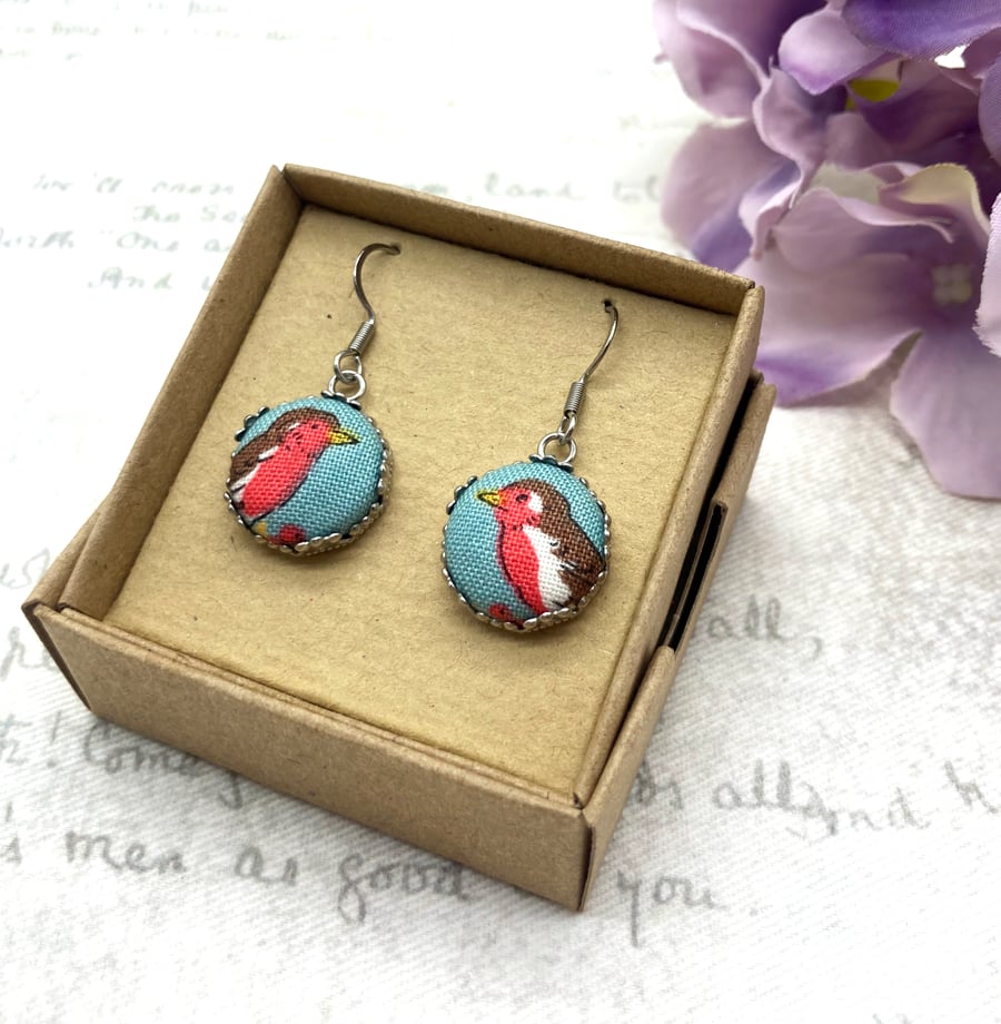 Retro Robin fabric button dangle earrings festive winter gifts