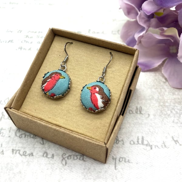 Retro Robin fabric button dangle earrings festive winter gifts