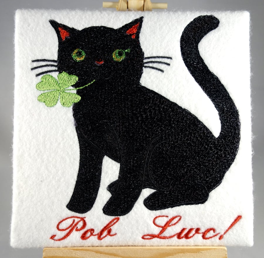 Handmade Welsh Pob Lwc black cat greetings card embroidered design