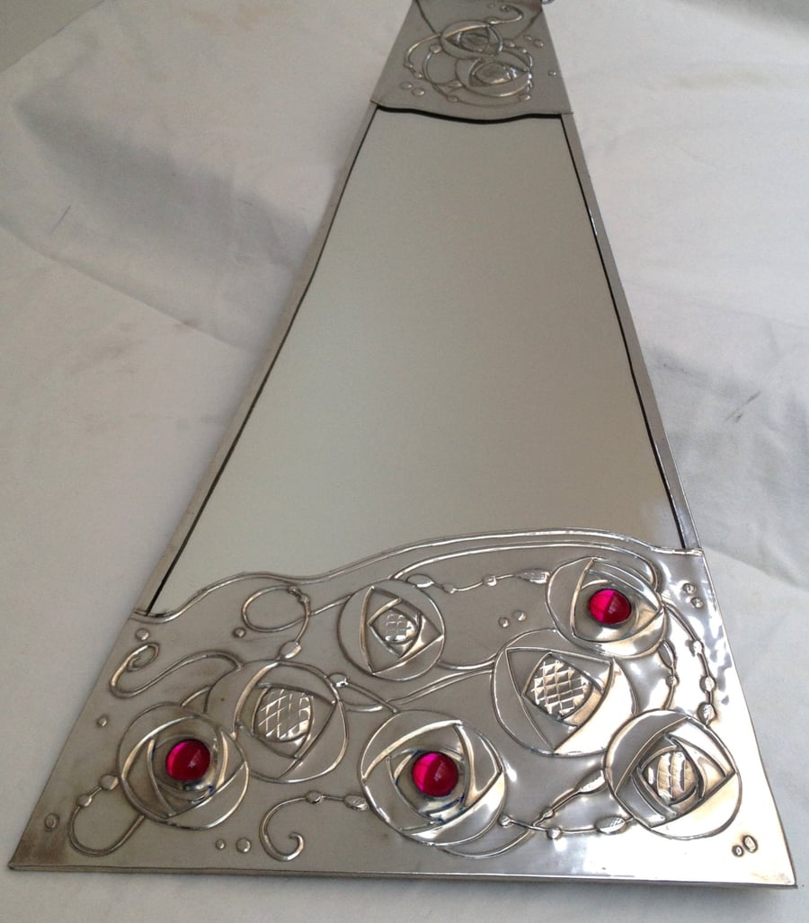 Bathroom mirror. Macintosh rose, Art Nouveau style pewter mirror