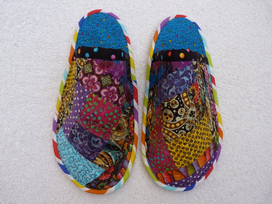 Crazy Patchwork Quilted Slippers with Non-Slip Sole. Womens Size 4