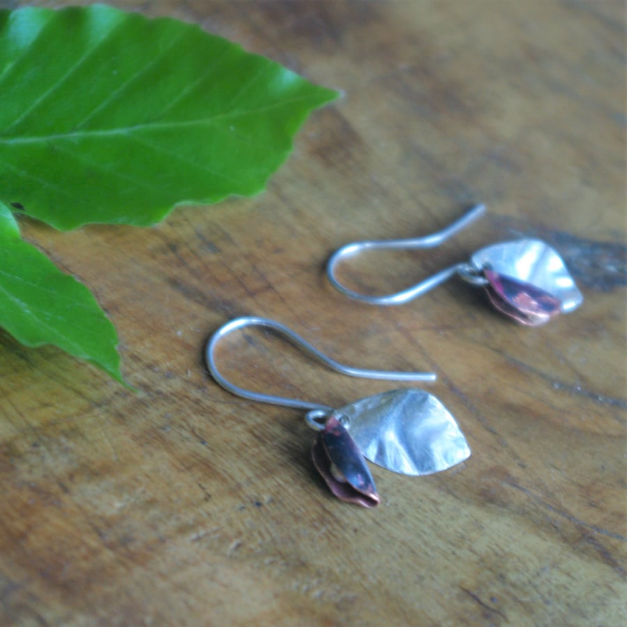 Silver Leaf and Copper Pod Dangle Earrings