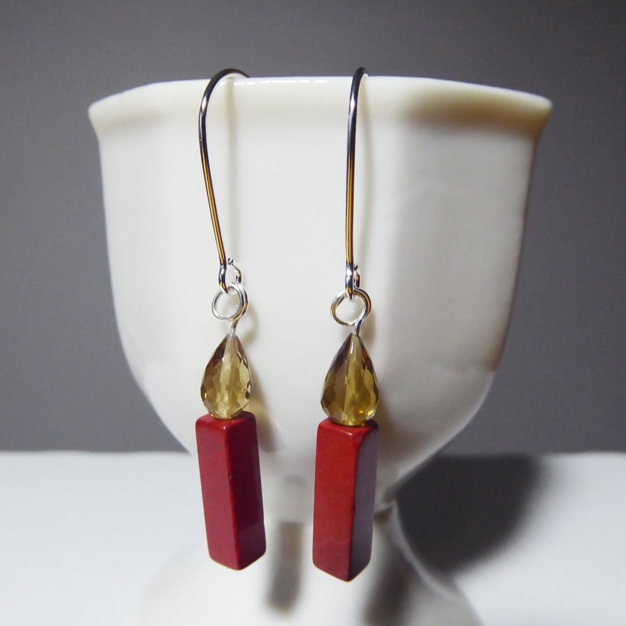 Sterling Silver Earrings with Red Jasper Candle & Faceted Honey Quartz Flame