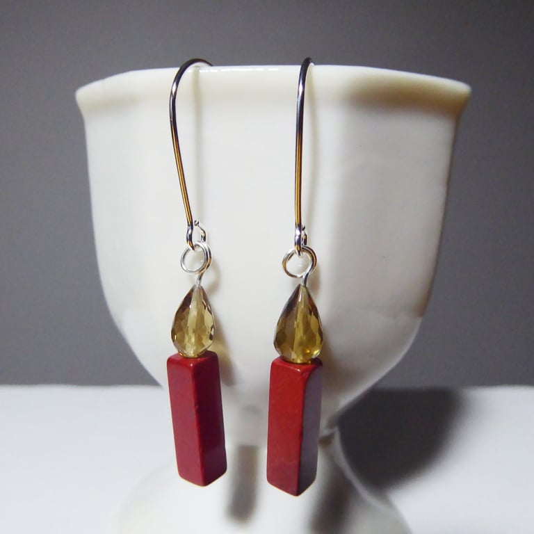 Sterling Silver Earrings with Red Jasper Candle & Faceted Honey Quartz Flame
