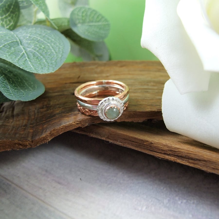 Sterling Silver and Copper Stacking Rings Set of 3 with Aventurine. UK Size O